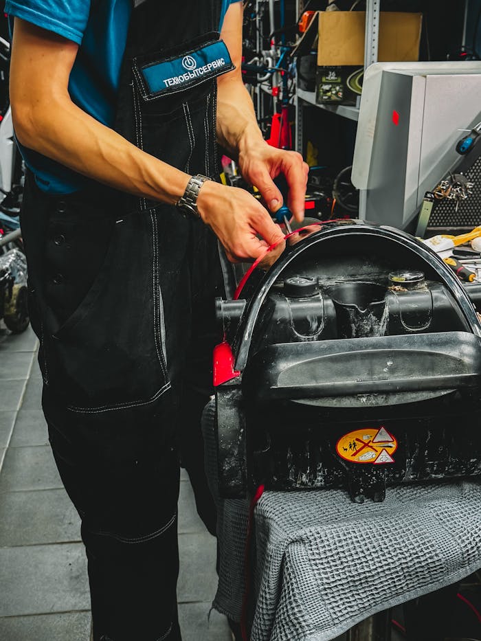 Services Skilled technician repairing an electric unicycle in a modern workshop setting.